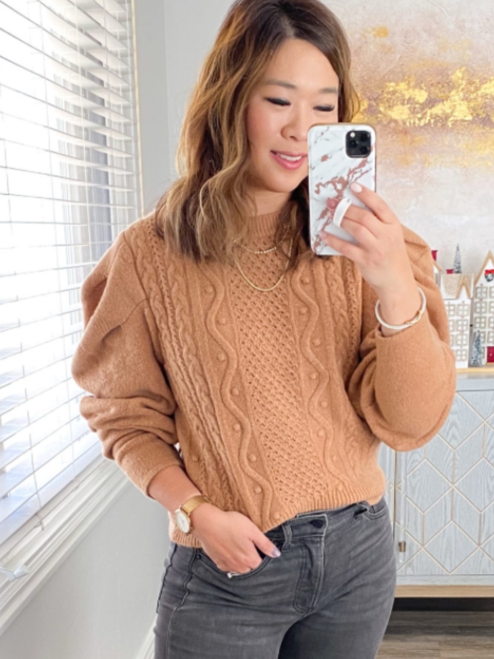 Express Women's Camel Colored Cable Knit Pullover Sweater puff sleeve. Size S